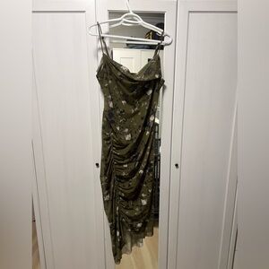 All Saints Olive Green Floral Cowl Neck Slip Dress
